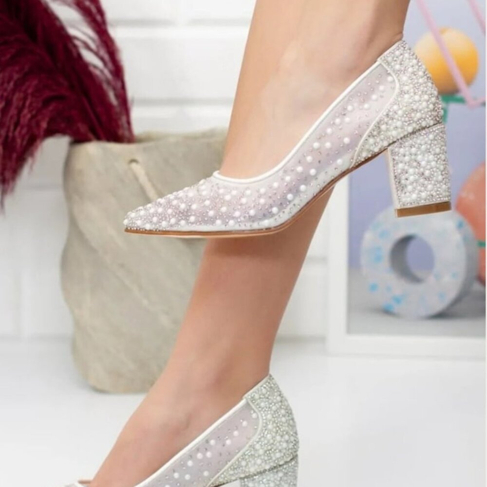 🤍Wedding Bridal Shoes Tulle Pearl Transparent Block Heels (4cm) 🤍 - Picture 2 of 9